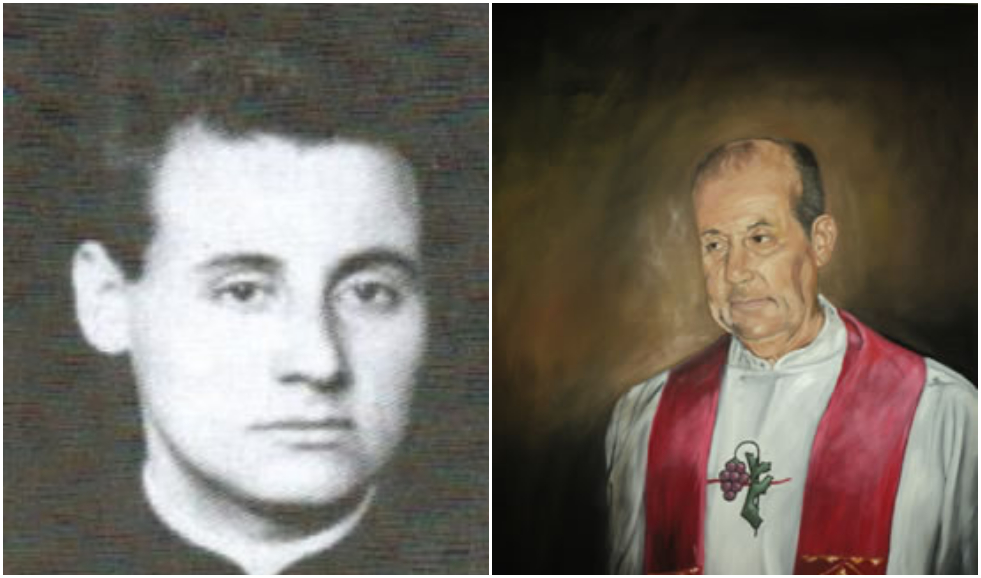 Una foto del recordado sacerdote junto a un oleo en el que lo pintara Mauricio Aguirre